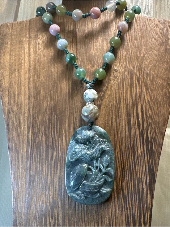 Jewelry - Moss Agate Potted Flower Carving Pendant  Necklace on Colorful Beaded Rope